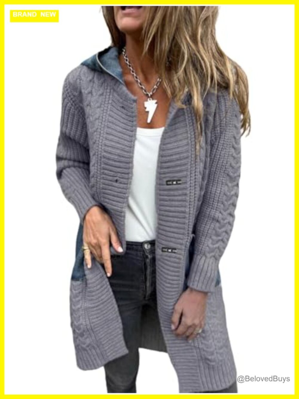 Womens Cable Knit Cardigan with Denim Hood and Pockets Open Front Long Sleeve